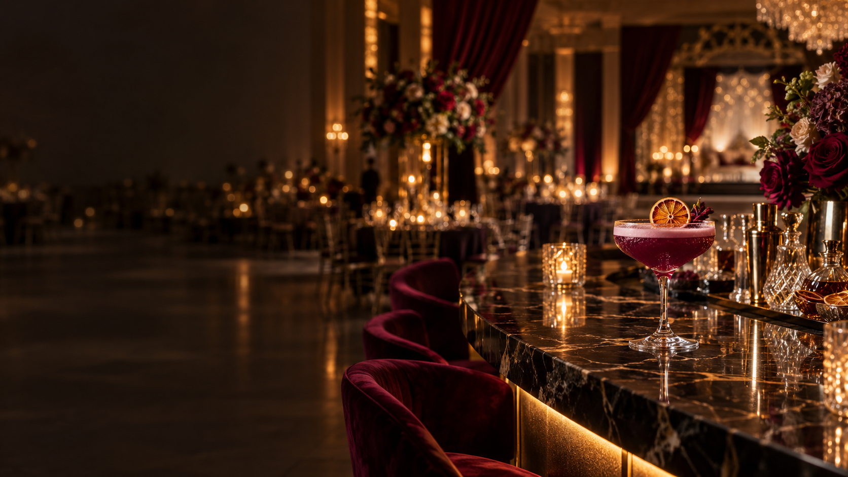 An elegant cocktail bar at a luxury wedding reception