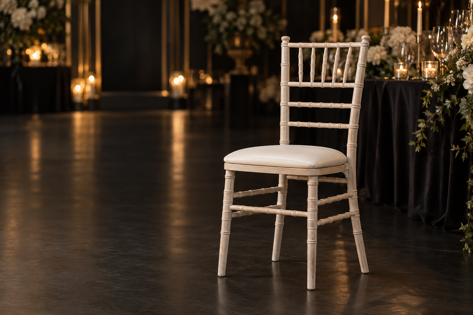Premium limewash Chiavari chair with ivory seat cushion in an elegant wedding setting